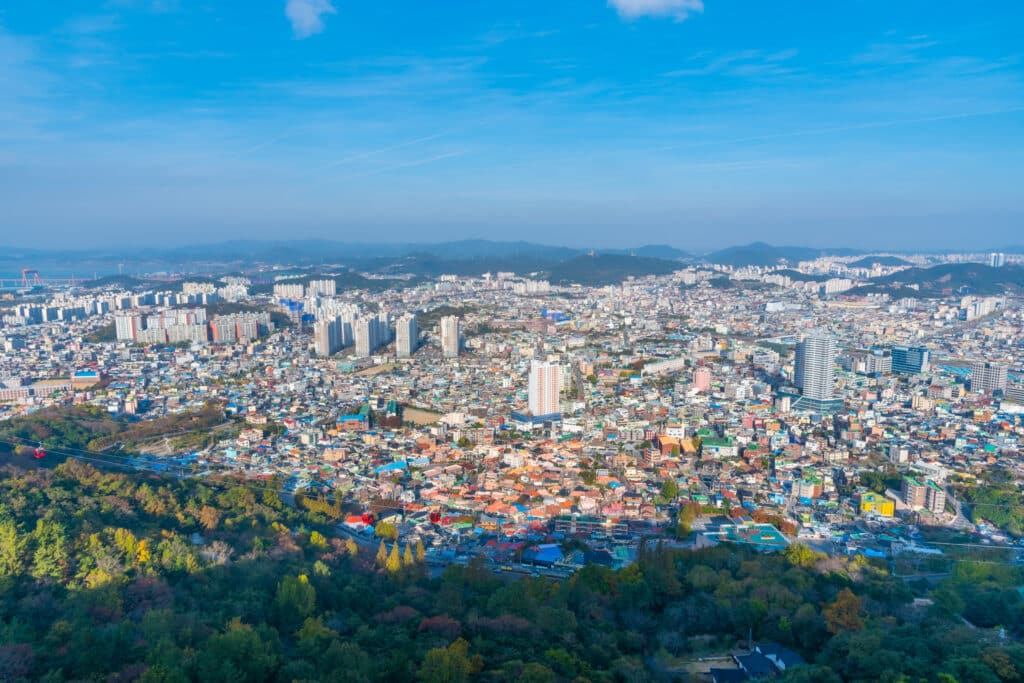 Aerial view of Mokpo city in South Korea with urban skyline and surrounding hills