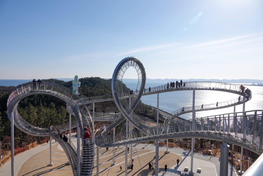The Space Walk sculpture in Pohang, South Korea overlooking the coastline