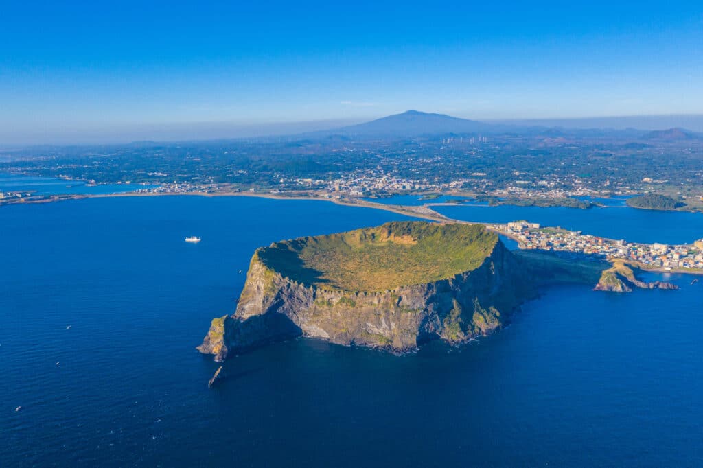 Sunrise view of Seongsan Ilchulbong known as sunrise peak at Jeju Island, Republic of Korea