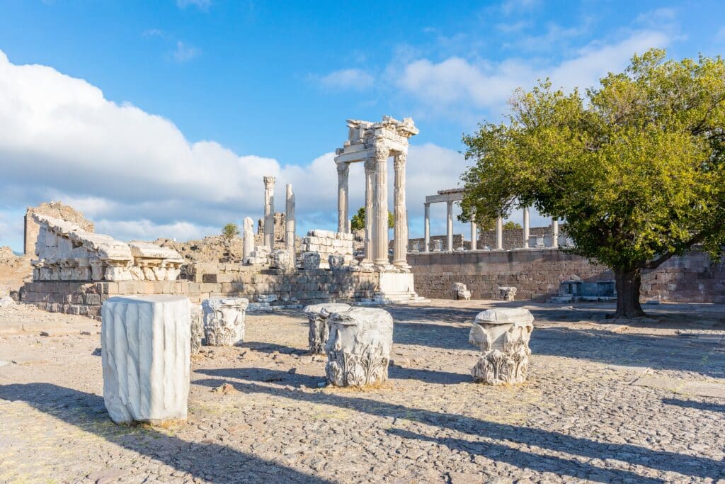 Columns of white marble on the remains of the ruins of the ancient temple of Troyan.  The ancient city of Pergamon.  Tourist attraction of Turkey.