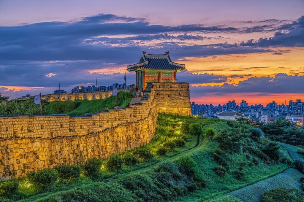 Landmark during sunset. Landscape of
Hwaseong Fortress is a UNESCO World Heritage Site. Summer of Suwon Hwaseong Fortress in Suwon, Gyeonggi-do, Korea