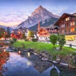 Kandersteg, Switzerland scenic town view at twilight in autumn season.