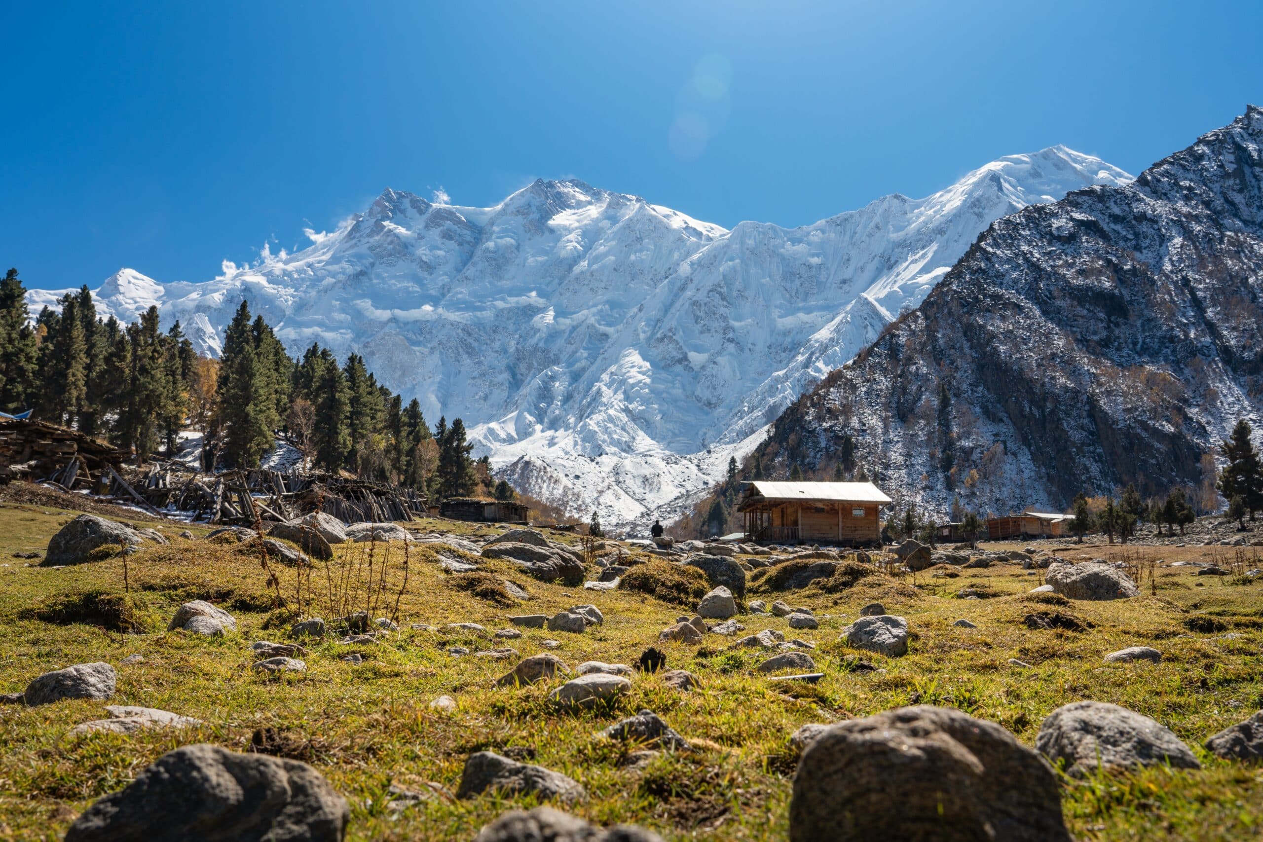 A stunning landscape capturing the Nanga Parbat, the world's ninth-highest mountain (8,126 m or 26,660 ft),from Beyal camp in Chaiklas, Gilgit-Baltistan, Pakistan.
