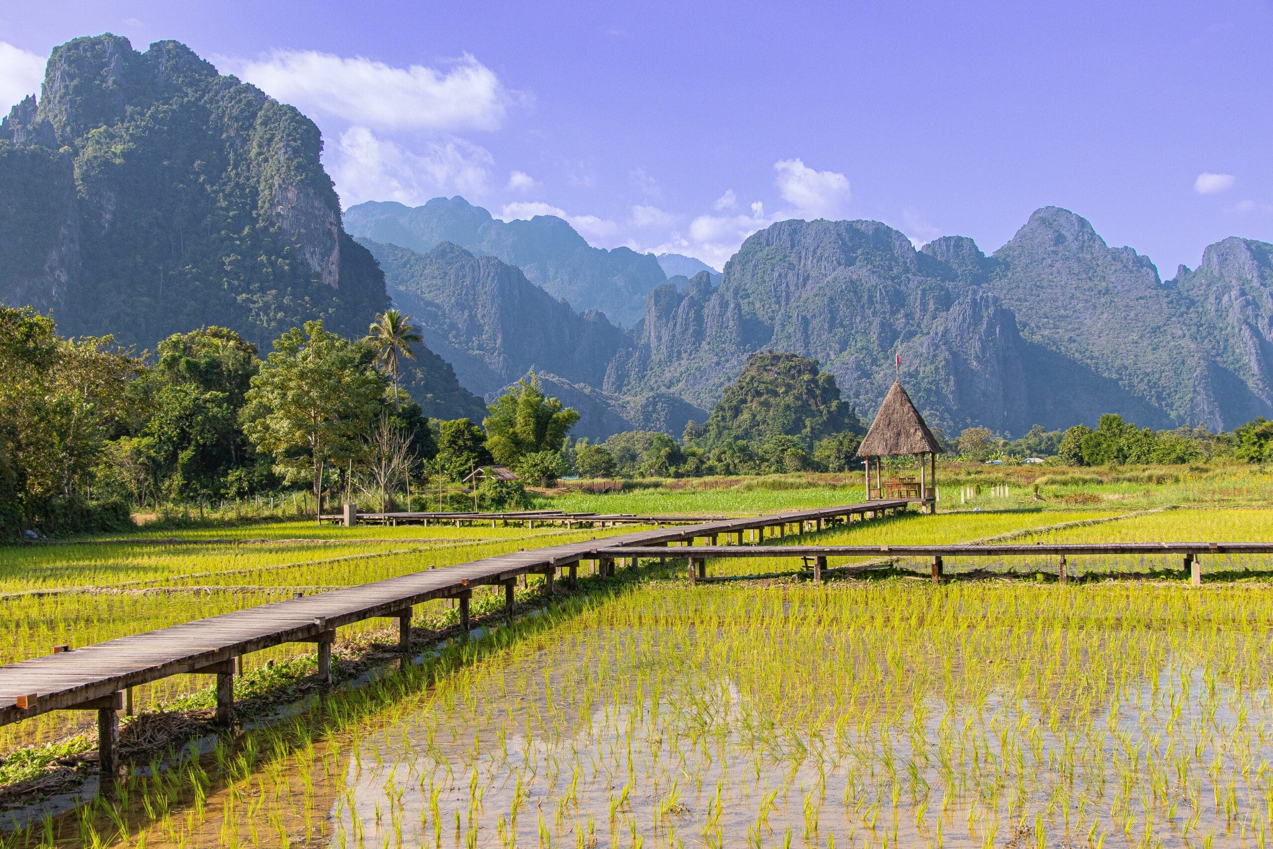 Vang Vieng, Laos - A breathtaking view of South East Asia natural beauty, with rolling mountains and lush rice fields stretching into the horizon.