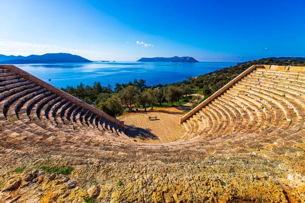 View of Antiphellos Ancient Theatre. Andifli, Kaş, Antalya, Turkey.