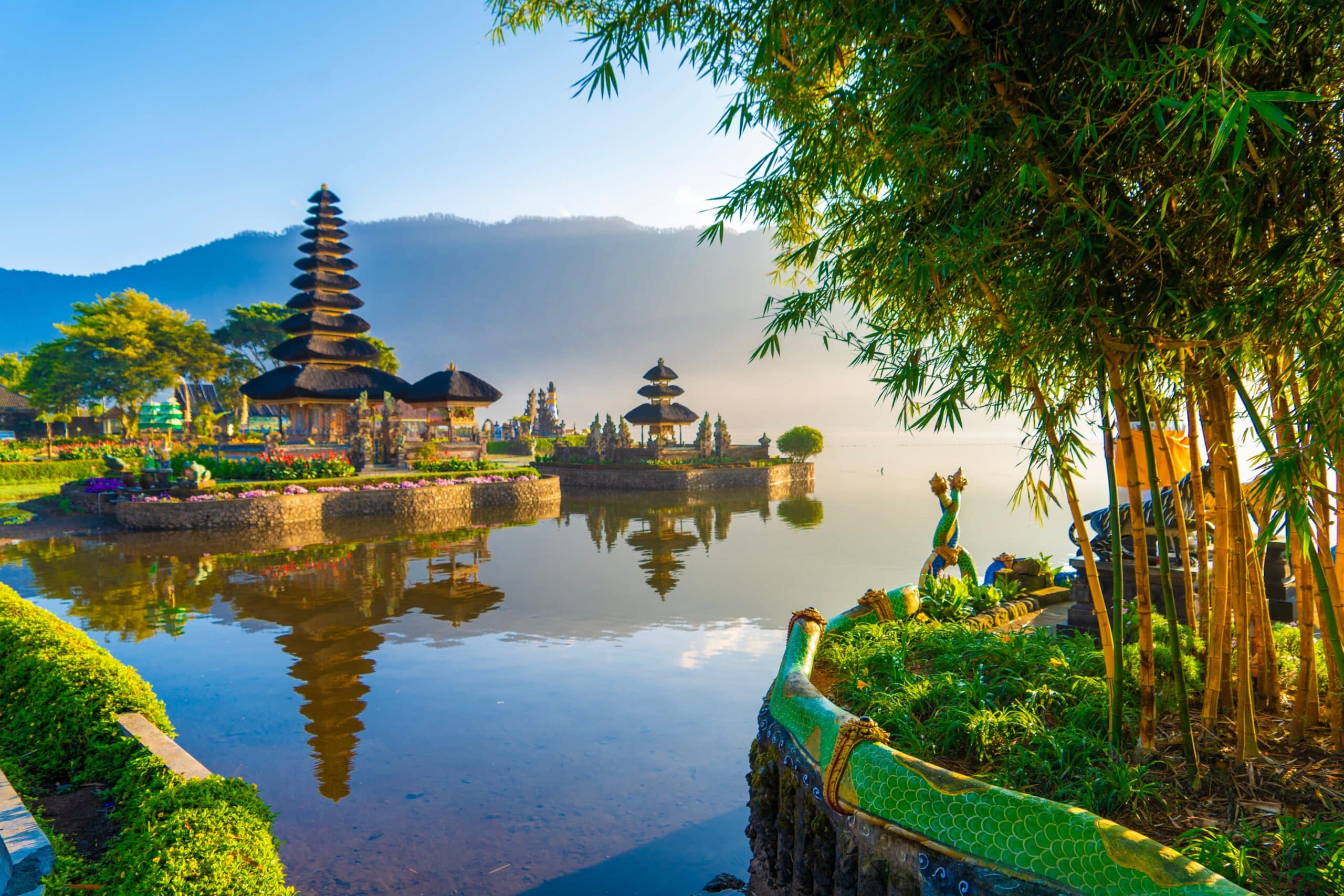Ulun Danu Temple Bratan Lake in the morning at Bedugul, Bali, Indonesia