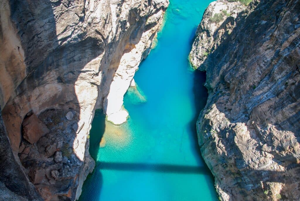 View of the Göksu River from above. Yerköprü Waterfall, Mersin Province, Türkiye.
