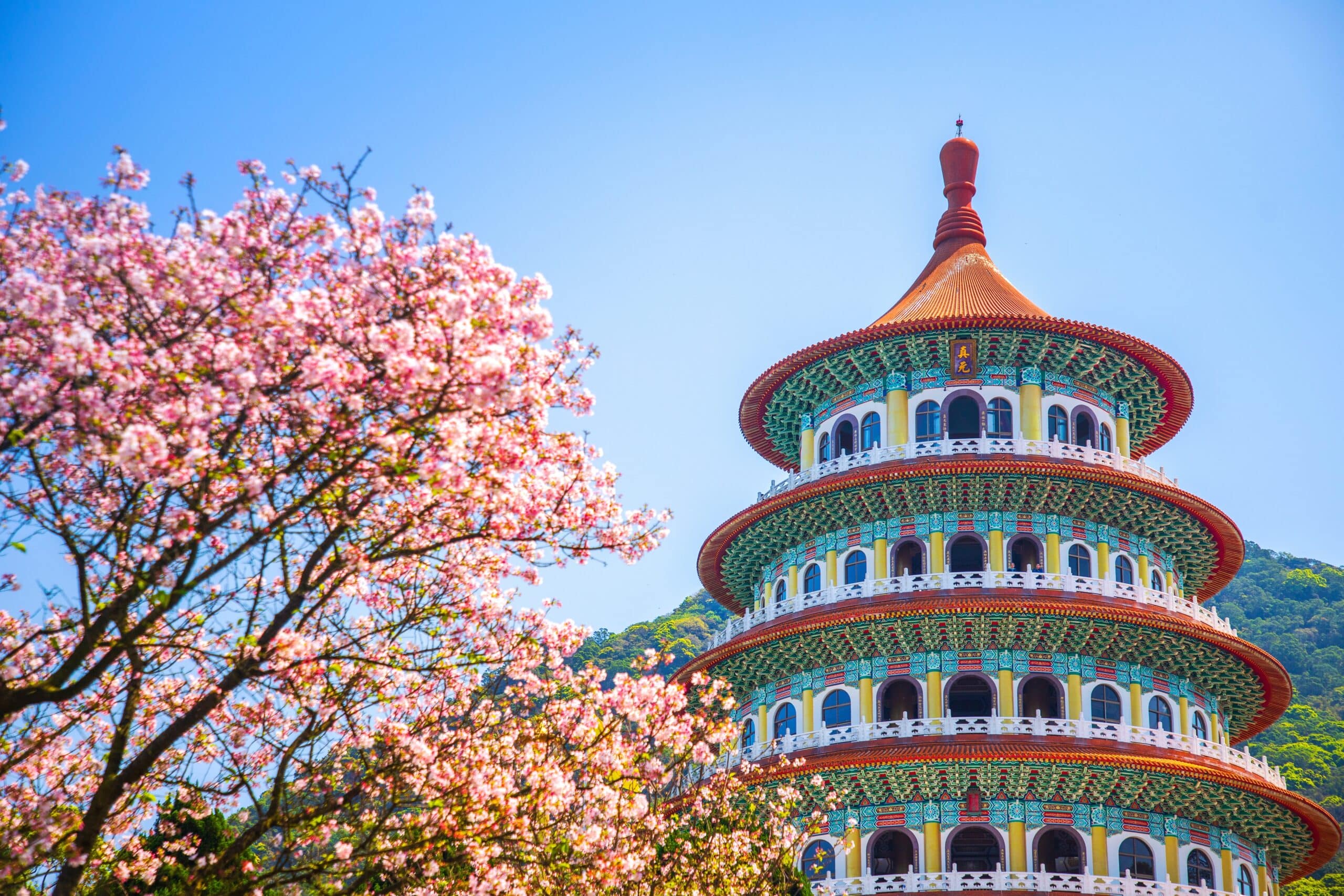 New Taipei City, Taiwan - March 20, 2025: Wuji Zhenyuan Tiantan (Tianyuan Palace) is located in Tamsui District, New Taipei City, and is a popular spot for cherry blossom viewing in northern Taiwan.