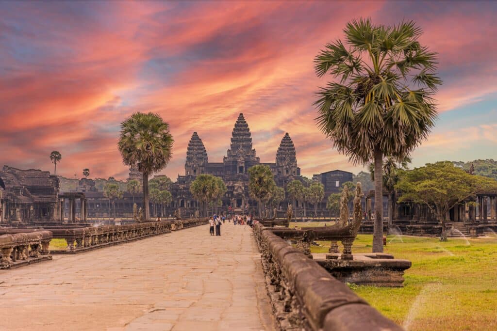 Exterior view of Angkor Wat at sunset
