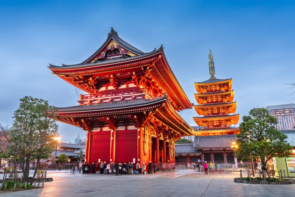 Asakusa, Tokyo, Japan at Sensoji Temple's Hozomon Gate and five storied pagoda.