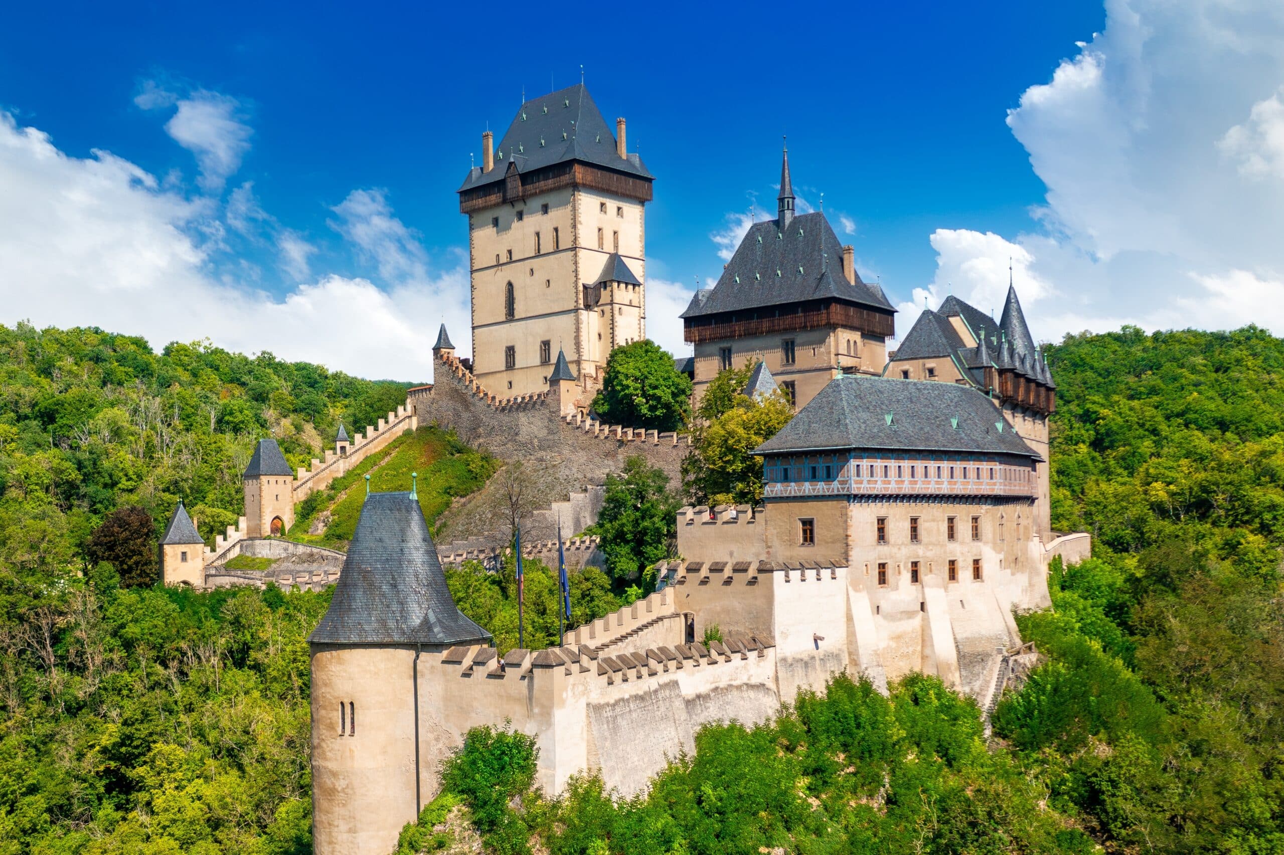 Karlštejn Castle surrounded by hills and forests. Central Bohemia, Czech Republic