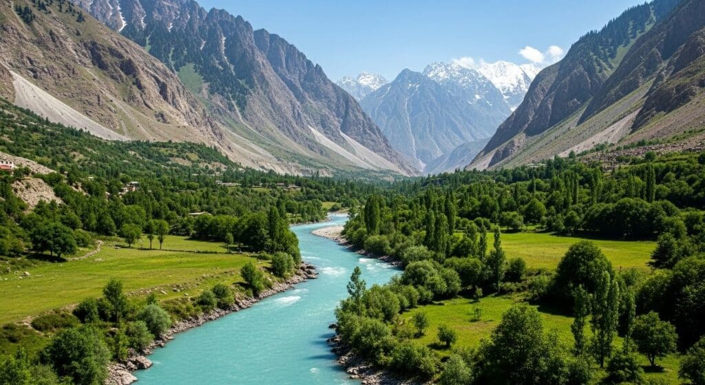 The turquoise Hunza River meanders through a lush, vibrant green valley during the summer, with terraced fields and orchards creating a picturesque oasis in the Karakoram mountains of Pakistan.