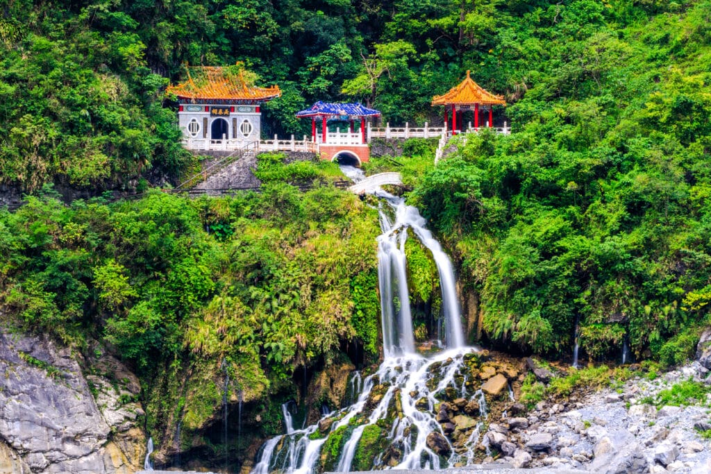 Changchun temple, Eternal Spring Shrine and waterfall at Taroko National Park in Hualien, Taiwan