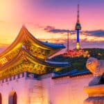 Landmark of Korea with covered Gyeongbokgung n Seoul Tower , South korea