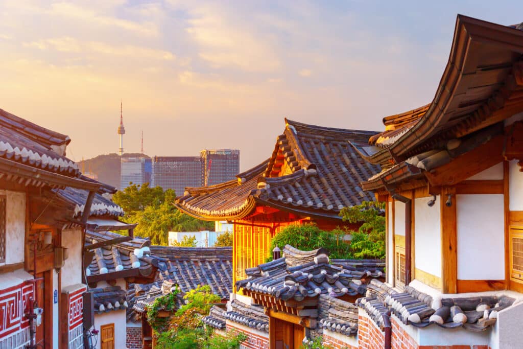 Bukchon Hanok Village with traditional houses in Seoul at sunset