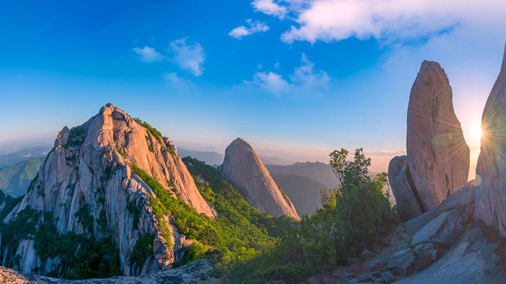 Granite peaks and rocky mountains in Bukhansan National Park at sunset South Korea