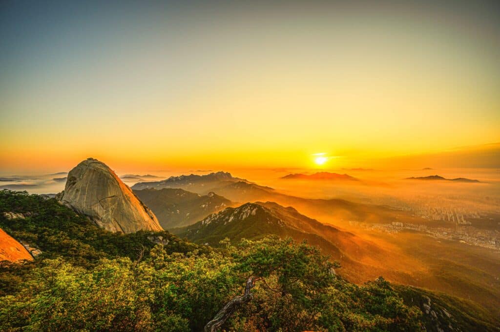 Sunrise view over rocky mountain peaks in Bukhansan National Park near Seoul