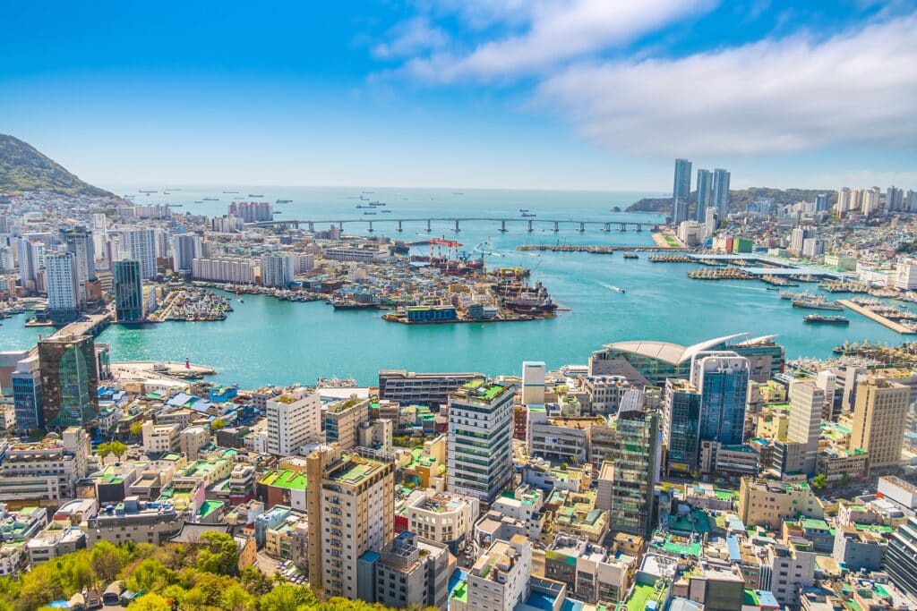 Busan cityscape with harbor and coastal skyline in South Korea