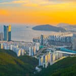Busan skyline with Gwangan Bridge and ocean view at sunset from elevated viewpoint
