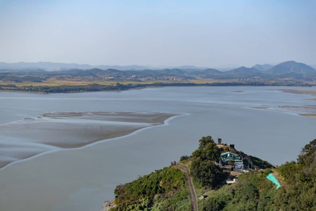Wide river and border landscape seen from a viewpoint near the Korean DMZ