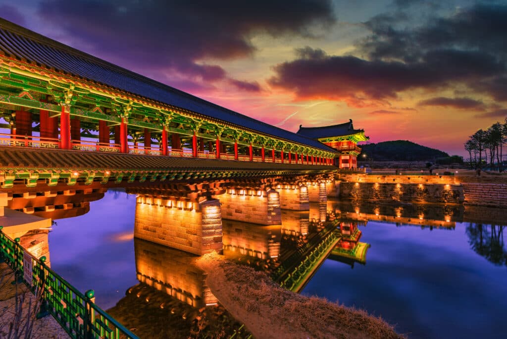Donggung Palace and Wolji Pond illuminated at night in Gyeongju South Korea