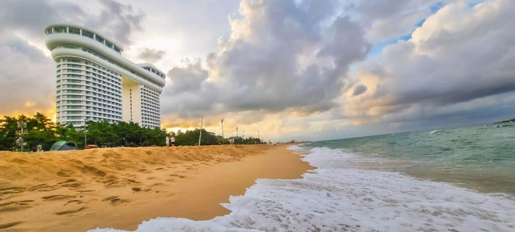Sandy beach and oceanfront hotel in Gangneung on South Korea’s east coast