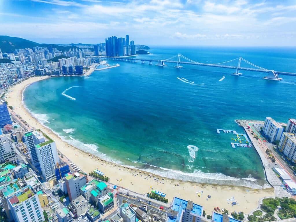 Aerial view of Gwangalli Beach with Gwangan Bridge in Busan South Korea