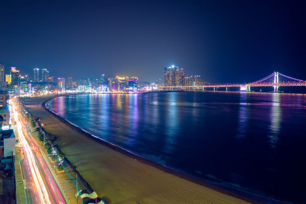 Night view of Gwangan Bridge from Gwangalli Beach in Busan