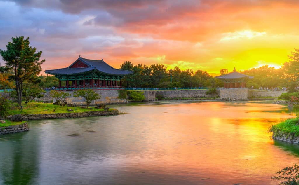 Donggung Palace and Wolji Pond at sunset in Gyeongju South Korea