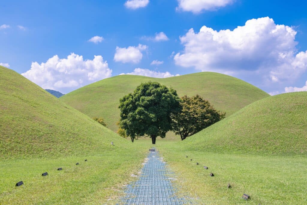Green rolling hills and burial mounds in Gyeongju South Korea