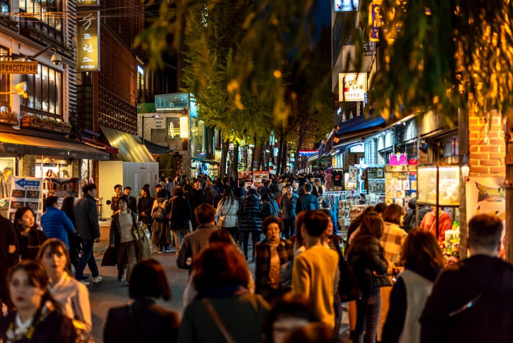 Busy nightlife street in Hongdae Seoul