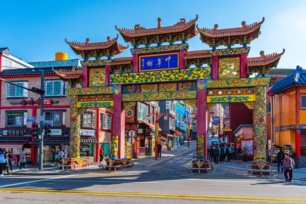 Traditional Chinese-style gate at the entrance to Incheon Chinatown in South Korea