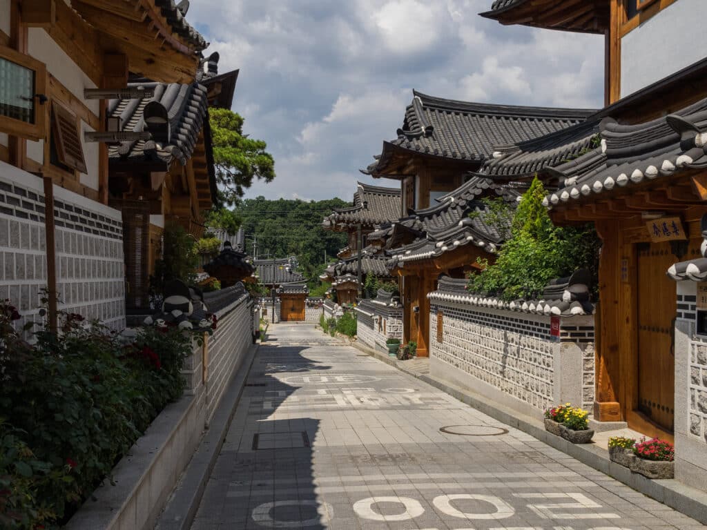 Quiet street in Jeonju Hanok Village with traditional Korean houses