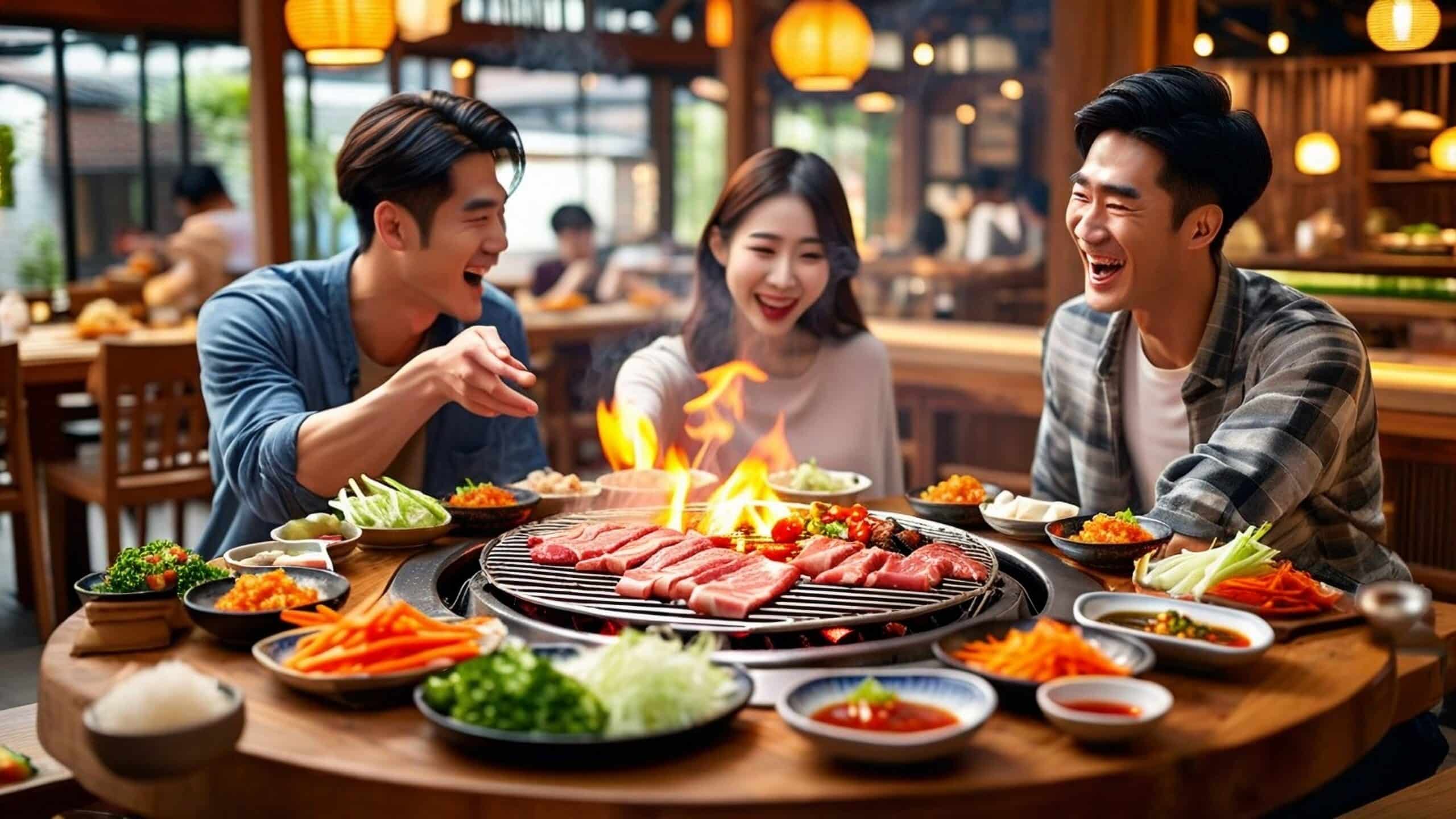 Friends enjoying Korean barbecue around a grill table in a restaurant