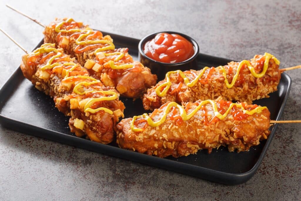 Korean corn dogs with crispy coating topped with ketchup and mustard on a plate