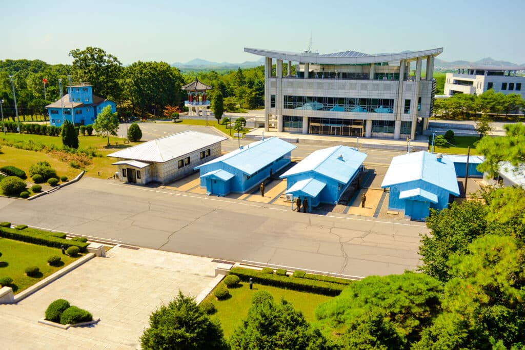 Joint Security Area Panmunjom blue buildings at Korean Demilitarized Zone