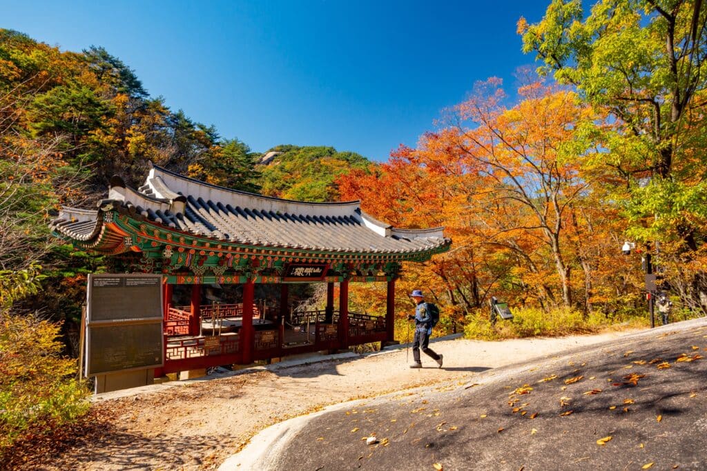 Traditional Korean pavilion along a mountain trail surrounded by autumn foliage in South Korea