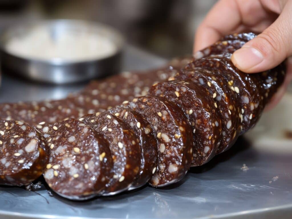 Sliced Korean sundae blood sausage with glass noodles and sesame seeds