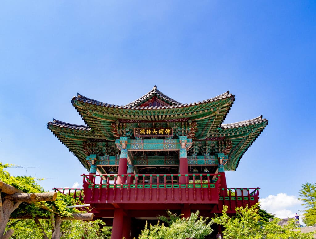 Traditional Korean pavilion with colorful wooden architecture and ornate details