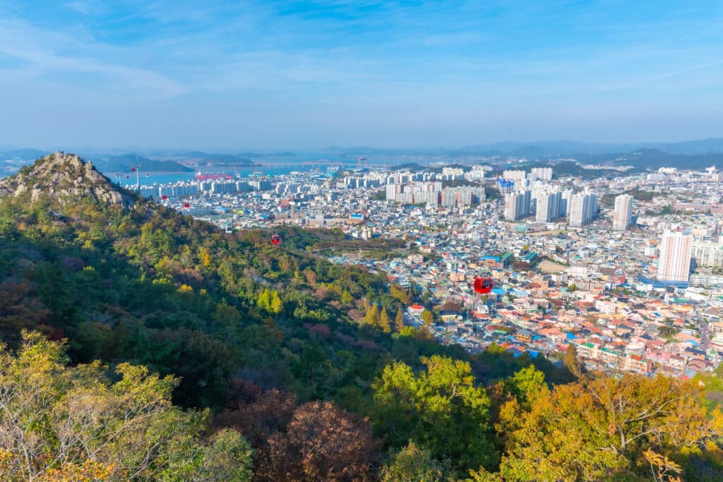 Aerial view of Mokpo harbor city and coastline in South Korea