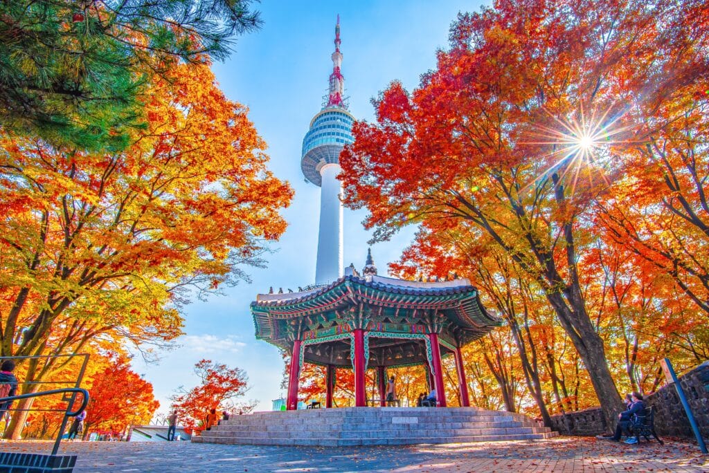 N Seoul Tower surrounded by vibrant autumn foliage in Seoul South Korea