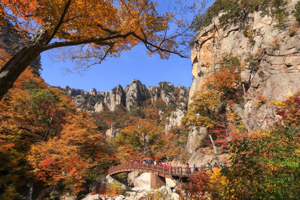 Seoraksan National Park with autumn foliage and mountain trail