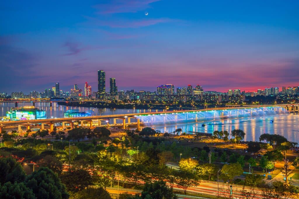 Seoul skyline at night along the Han River