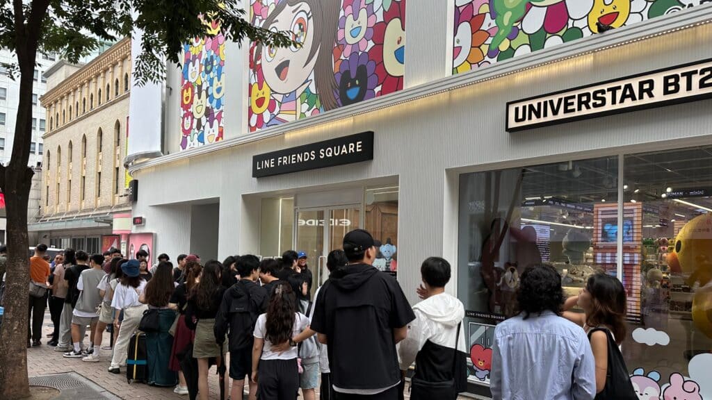 People waiting in line outside a popular character store in Seoul, South Korea