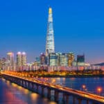 Seoul skyline at night with Lotte World Tower and illuminated cityscape