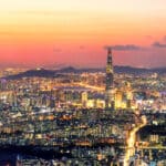 The highlight of Seoul is the Lotte in the evening from the scenic spot at the Namhansanseong national Park in South Korea.