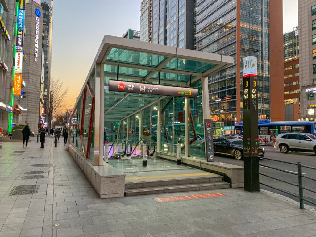 The exit 3 of Gangnam subway station of the Shinbundang line, also known as DX line, of the Seoul Metropolitan subway.