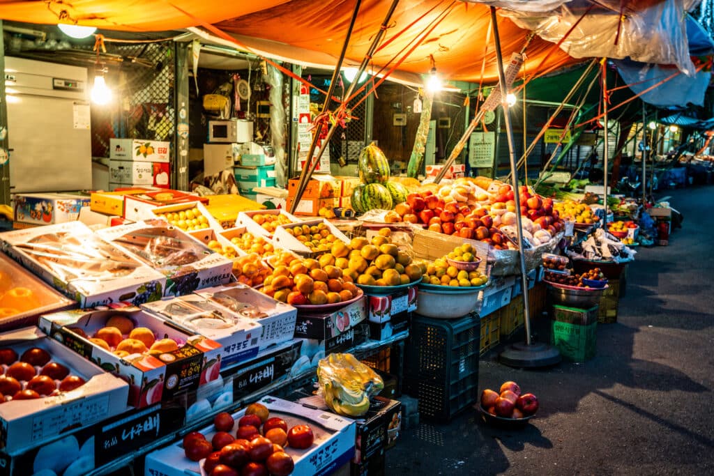 Fruits stall at Nambu traditional market at night in Jeonju South Korea