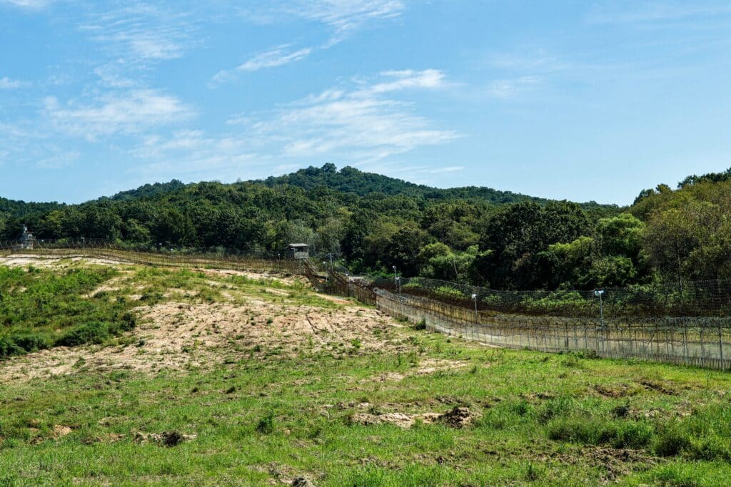 barbed wire fence in Demilitarized Zone (DMZ), joint security area (JSA), South Korea.