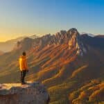 Tourists hike from the Ulsan Bright mountain observation deck in South Korea.